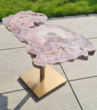 Load image into Gallery viewer, Pink Amethyst Table on hand made Gold stand