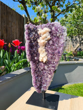Load image into Gallery viewer, Amethyst Shield with calcite on stand : Three doves