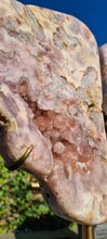 Load image into Gallery viewer, Pink Amethyst Druzy wings on gold stand Tower Cathedral