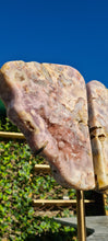 Load image into Gallery viewer, Pink Amethyst Druzy wings on gold stand Tower Cathedral