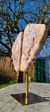 Load image into Gallery viewer, Pink Amethyst Druzy wings on gold stand Tower Cathedral