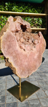 Load image into Gallery viewer, Pink Amethyst on gold stand Heartbeat Tower Cathedral druzy