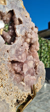 Load image into Gallery viewer, Pink Amethyst with Grey on gold stand Secrey Ying Yang Tower Cathedral druzy home decor
