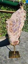 Load image into Gallery viewer, Pink Amethyst Indian Chief with purple on gold stand Tower Cathedral druzy Active
