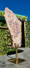 Load image into Gallery viewer, Pink Amethyst on gold stand Over the Rainbow Yellow Tower Cathedral druzy Active