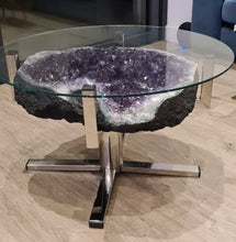 Load image into Gallery viewer, Amethyst Table on chrome modern stand with Glass top Active