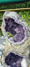 Load image into Gallery viewer, Amethyst spinning infinite 8 rare and unique with hidden Calcite - deep purple colour gold stand