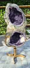 Load image into Gallery viewer, Amethyst spinning infinite 8 rare and unique with hidden Calcite - deep purple colour gold stand