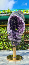 Load image into Gallery viewer, Amethyst spinning rare and unique double sided with multiple calcites - deep purple colour gold stand Active