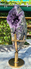 Load image into Gallery viewer, Amethyst spinning rare and unique double sided with multiple calcites - deep purple colour gold stand Active