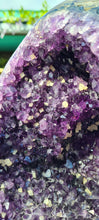 Load image into Gallery viewer, Amethyst spinning rare and unique double sided with multiple calcites - deep purple colour gold stand Active