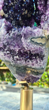 Load image into Gallery viewer, Amethyst spinning rare and unique double sided with multiple calcites - deep purple colour gold stand Active
