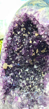 Load image into Gallery viewer, Amethyst spinning rare and unique double sided with multiple calcites - deep purple colour gold stand Active