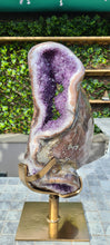 Load image into Gallery viewer, Huge Amethyst spinning almost 2ft tall polished turtle like shell double sided rare and unique - deep purple colour gold stand Active