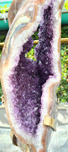 Load image into Gallery viewer, Huge Amethyst spinning almost 2ft tall polished turtle like shell double sided rare and unique - deep purple colour gold stand Active