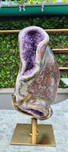 Load image into Gallery viewer, Huge Amethyst spinning almost 2ft tall polished turtle like shell double sided rare and unique - deep purple colour gold stand Active