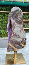 Load image into Gallery viewer, Huge Amethyst spinning almost 2ft tall polished turtle like shell double sided rare and unique - deep purple colour gold stand Active