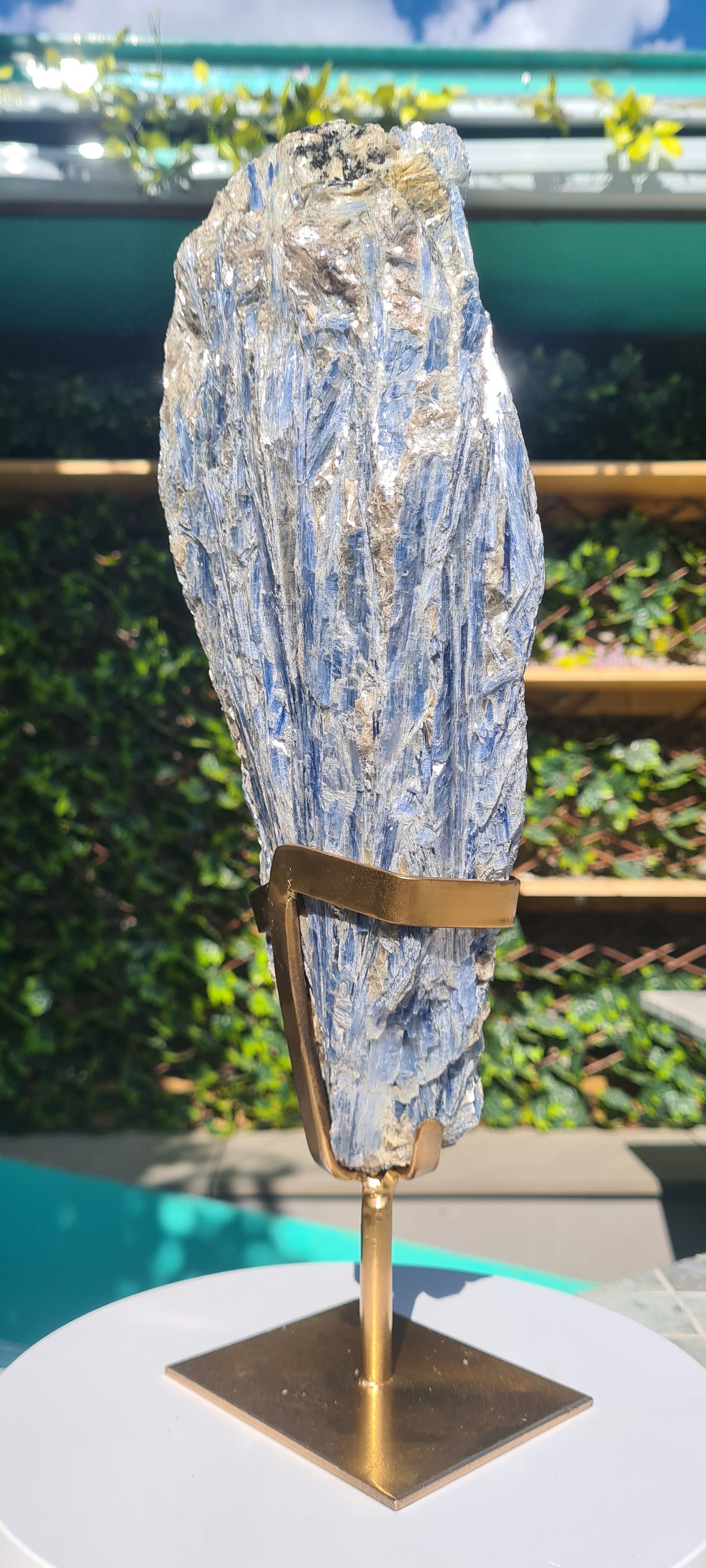 Blue Kyanite on gold custom made stand