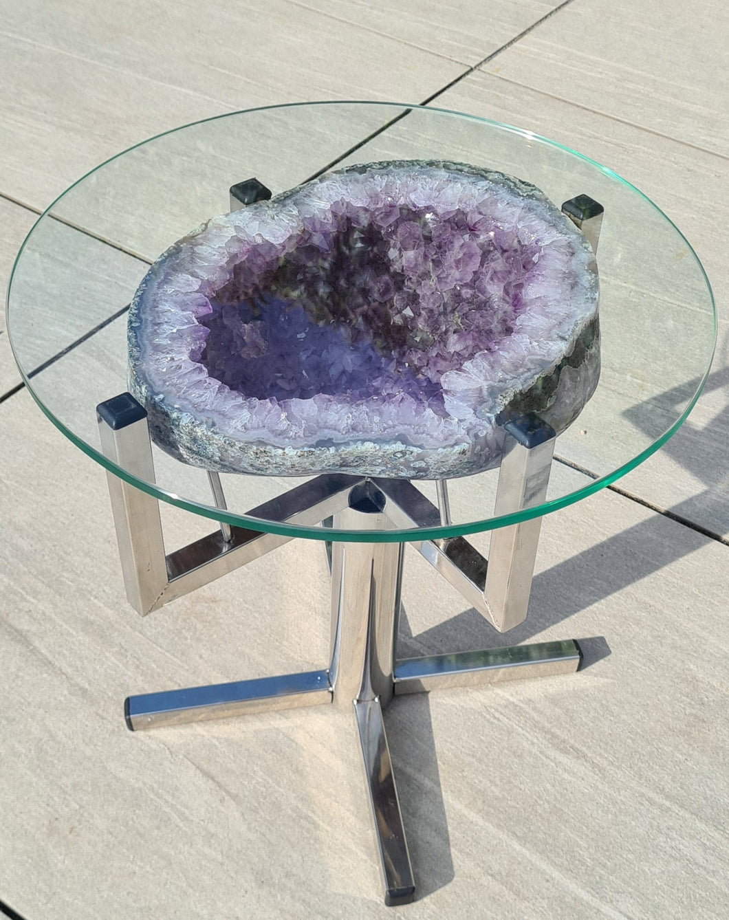 Amethyst Table with Glass on Chrome Stand