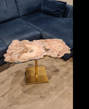 Load image into Gallery viewer, Pink Amethyst Table on hand made Gold stand
