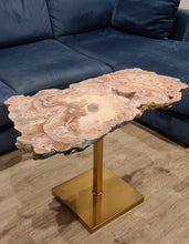 Load image into Gallery viewer, Pink Amethyst Table on hand made Gold stand
