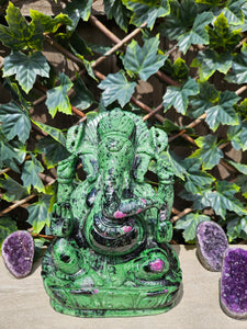 Lord Ganesha in Ashirvad posture Gesture of Blessing Ruby Zoisite Tanzania