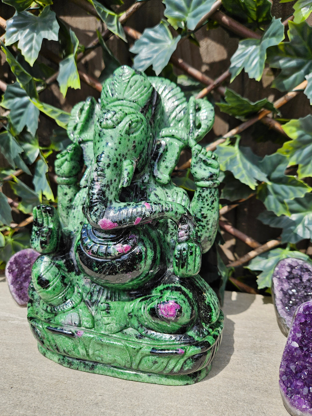 Lord Ganesha in Ashirvad posture Gesture of Blessing Ruby Zoisite Tanzania