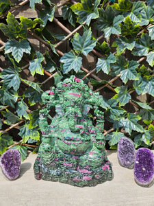 Lord Ganesha in Ashirvad posture Gesture of Blessing Ruby Zoisite Tanzania