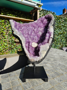Amethyst Shield from Uruguay with calcite ultra high grade ++ on stand