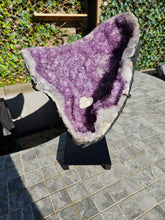 Load image into Gallery viewer, Amethyst Shield from Uruguay with calcite ultra high grade ++ on stand
