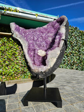 Load image into Gallery viewer, Amethyst Shield from Uruguay with calcite ultra high grade ++ on stand
