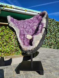 Amethyst Shield from Uruguay with calcite ultra high grade ++ on stand