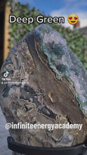 Load and play video in Gallery viewer, Green Druzy spinning Amethyst Jasper from Uruguay ultra high grade ++ on stand - Dual Green
