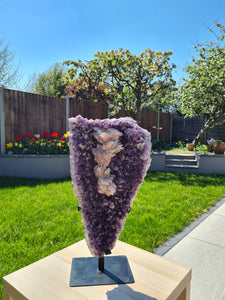 Amethyst Shield with calcite on stand : Three doves