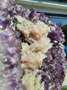 Amethyst Shield with calcite on stand : Three doves