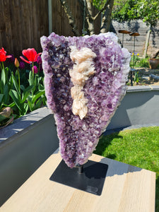 Amethyst Shield with calcite on stand : Three doves