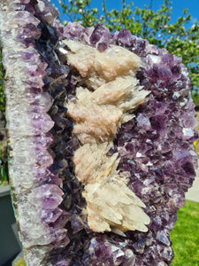 Amethyst Shield with calcite on stand : Three doves