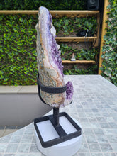 Load image into Gallery viewer, Amethyst on spinning stand with Calcite from Uruguay - Spinning reflection Active
