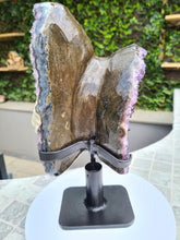 Load image into Gallery viewer, Amethyst double sided spinning stand with calcite from Uruguay - TWICE AS NICE
