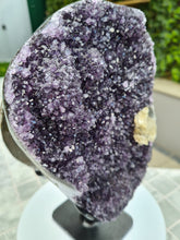 Load image into Gallery viewer, Amethyst double sided spinning stand with calcite from Uruguay - TWICE AS NICE
