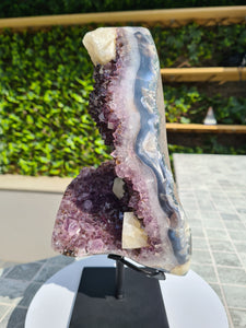 Amethyst with calcite on stand from Uruguay - GATOR