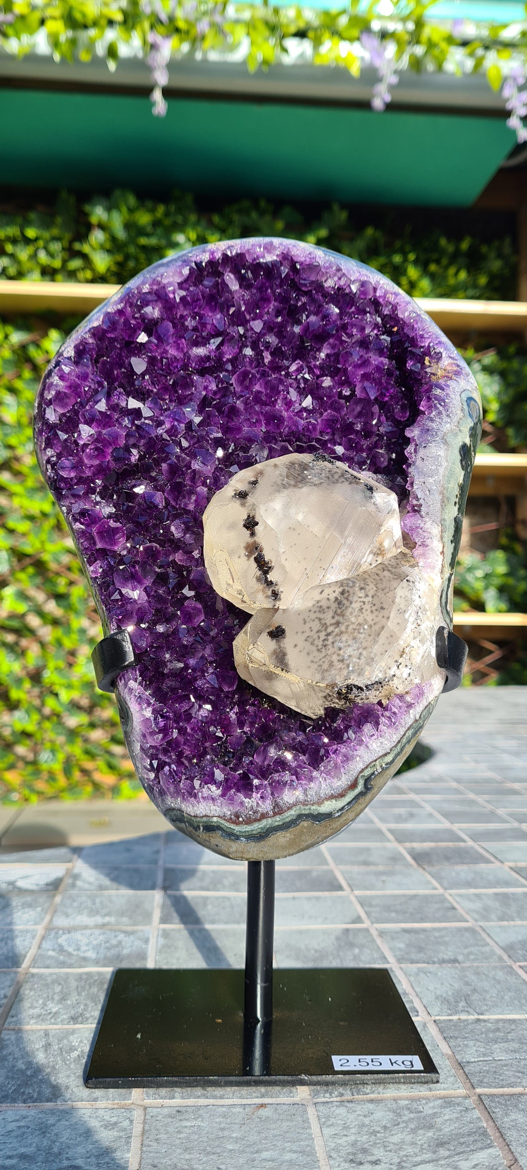 Amethyst Deep Purple with calcite on stand from Uruguay SE Rare High Grade - Protector Morado