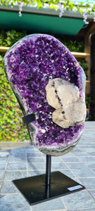 Amethyst Deep Purple with calcite on stand from Uruguay SE Rare High Grade - Protector Morado