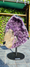 Load image into Gallery viewer, Amethyst Deep Purple with calcite on stand from Uruguay - SE Rare High Grade -
