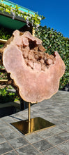 Load image into Gallery viewer, Pink Amethyst on gold stand Heartbeat Tower Cathedral druzy
