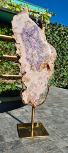 Pink Amethyst Indian Chief with purple on gold stand Tower Cathedral druzy Active