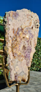 Pink Amethyst on gold stand Over the Rainbow Yellow Tower Cathedral druzy Active