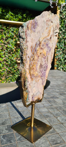 Pink Amethyst on gold stand Over the Rainbow Yellow Tower Cathedral druzy Active