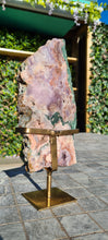 Load image into Gallery viewer, Pink Amethyst on gold stand Tower Cathedral druzy
