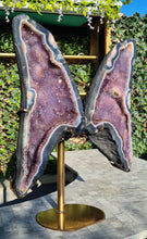 Load image into Gallery viewer, Amethyst angel butterfly wings rainbow amethyst gold stand rare
